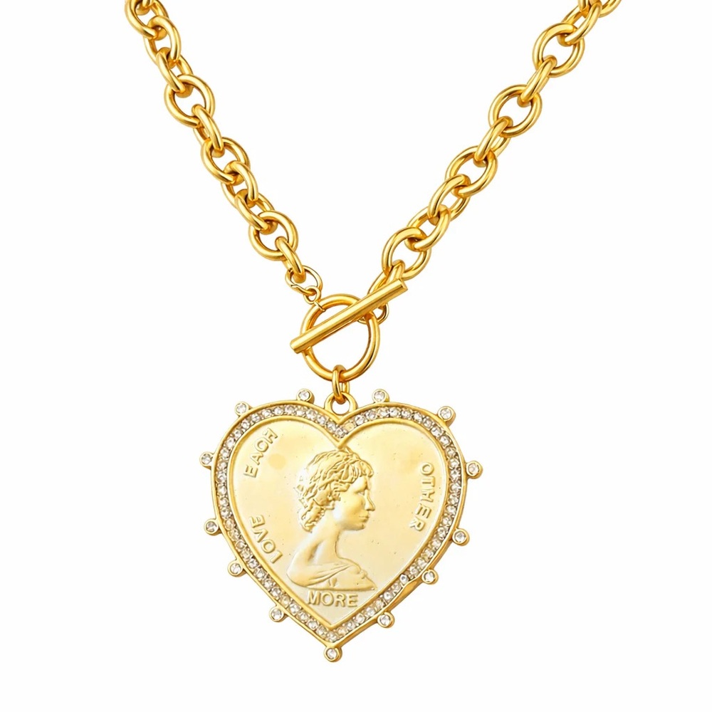 Gold Heart Coin Medallion Pendant Necklace - Women Jewelry